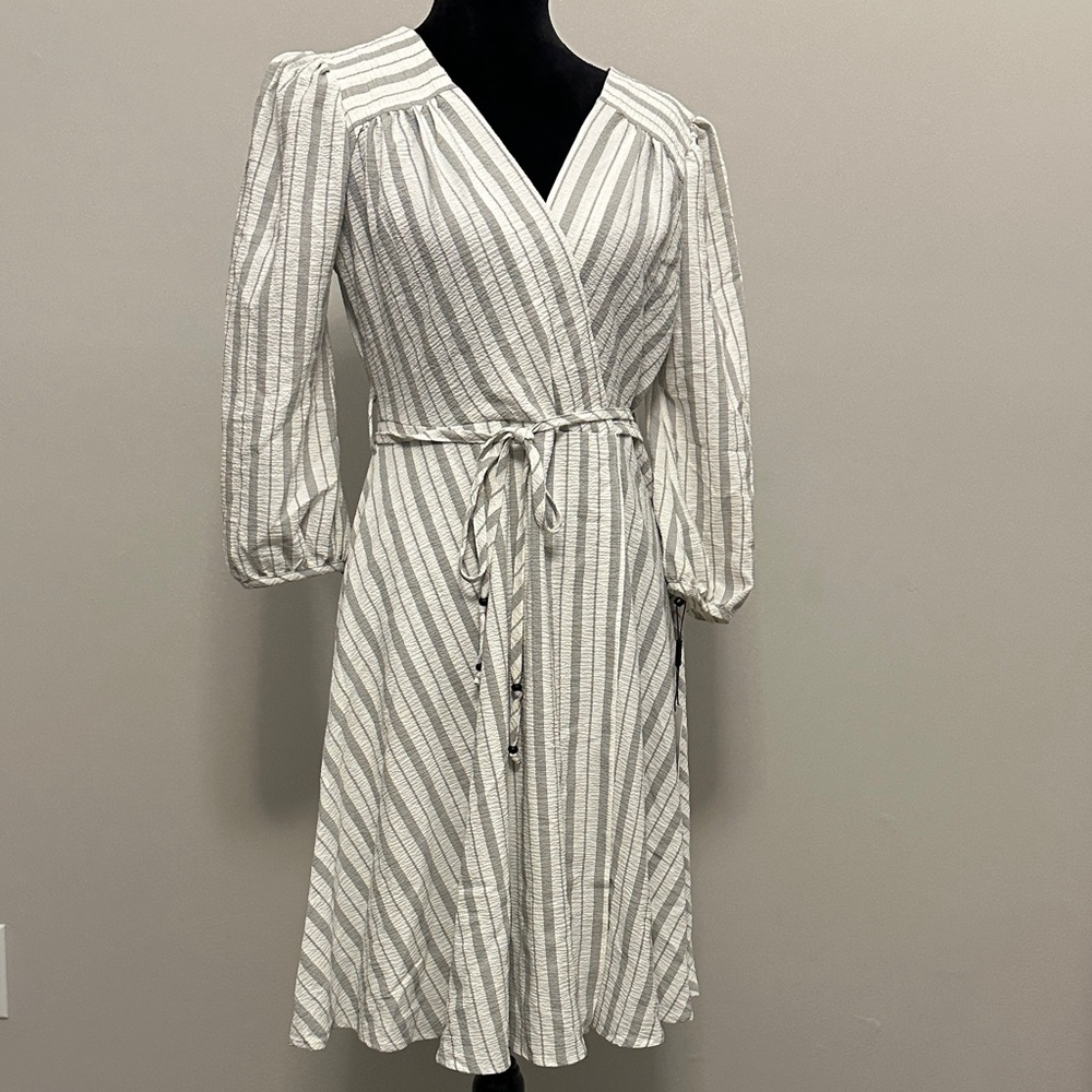 Calvin Klein White and Gray Striped Long Sleeve Dress